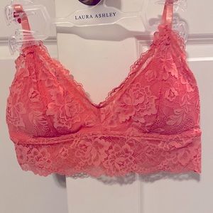 Lacey bralette, coral-y pink, removable padding, probably fits a 34C/D